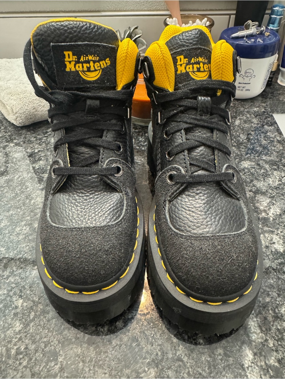 Dr. Martens Kids Black Leather and Yellow Accent Lace-Up Boots